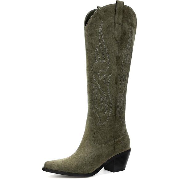 Shoes - Women's Green Knee High Wide Calf Cowgirl Boots Slip On Pointed Toe Chunky Heel